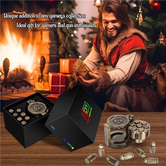 Metal Polyhedral Bullet Dice Set of 7 with Spinning Revolver Cylinder Container - Picture 5 of 6